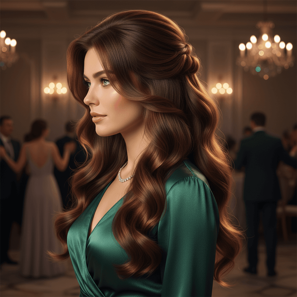Young woman with long brown hair in elegant black dress